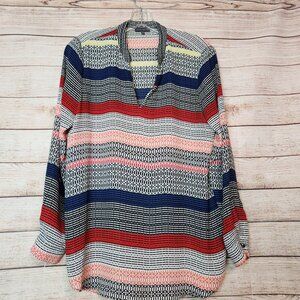 Vince Camuto Size S Striped V Neck Casual Top Long Sleeve Red White Blue Stripes